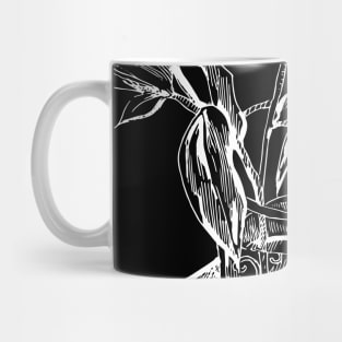 White outline on a black background. Still life with flowers. Mug